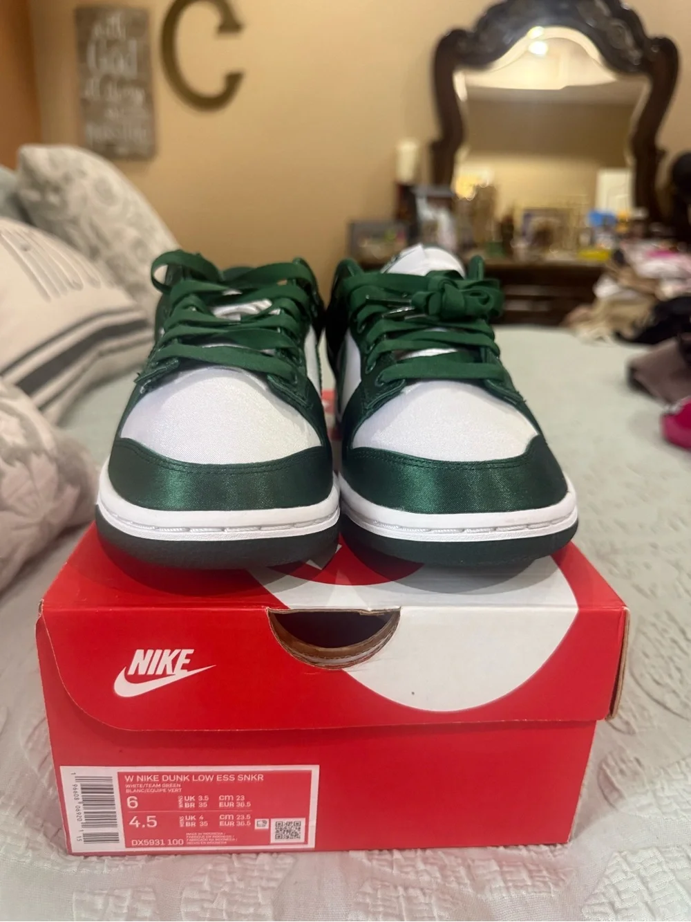 Nike Kids Dark Green Satin and White Low-Top Sneakers